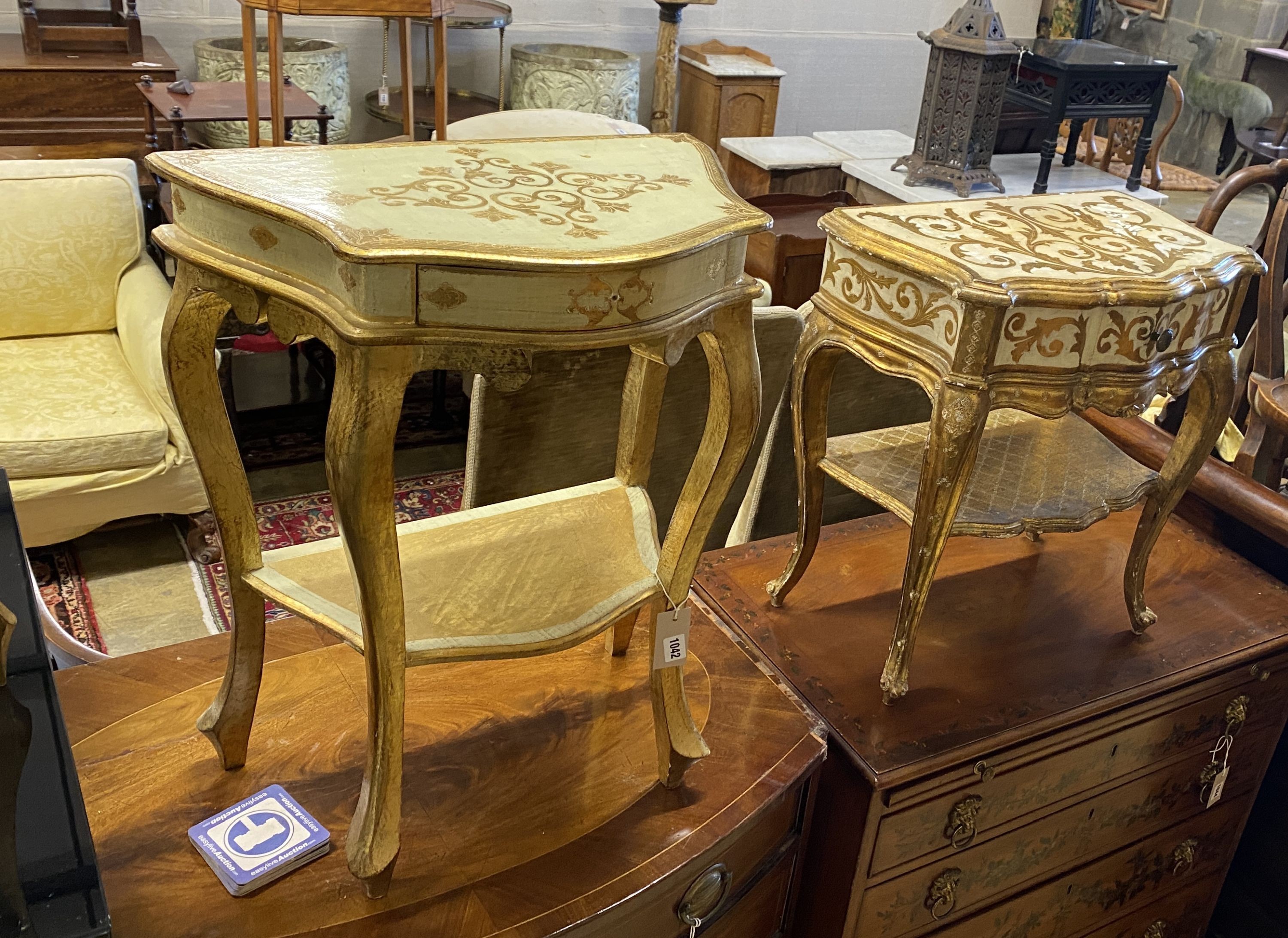 Three Italian gold painted parcel gilt serpentine bedside tables, largest 152cm, depth 32cm, height 63cm